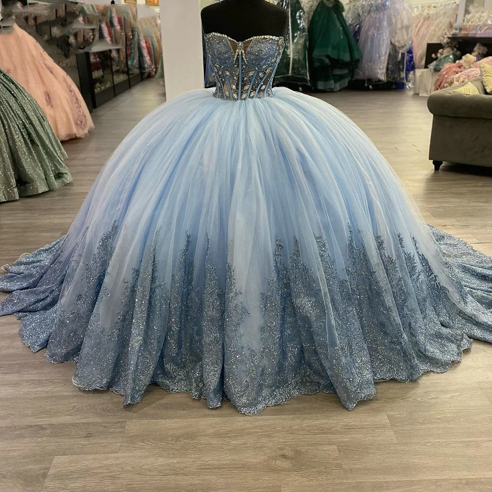 LorstudBlue-Robe de Rhen cristal perlé, Quinceanera, appliques à paillettes, dentelle douce, 16 robes éducatives, 15 ans, YQD515