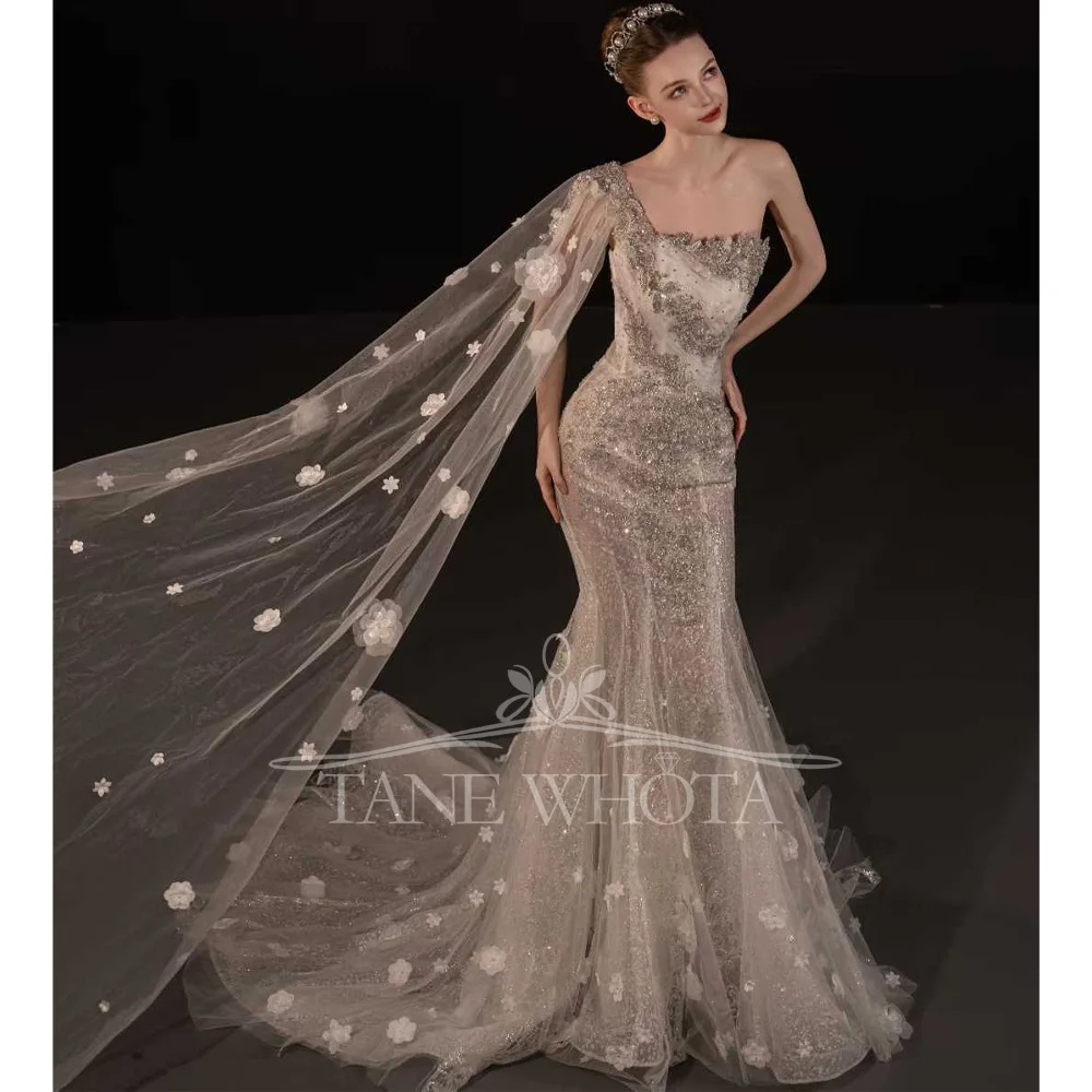 

Sexy One-Shoulder Beaded Crystal Sequined Wedding Dress Customized Fit Sheath Gown For Women