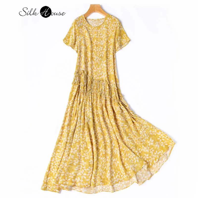 

Women's Casual Summer New Large Swing Pink Ink Printing 100%Natural Mulberry Silk Crepe De Chine Slant Waist Holiday Style Dress