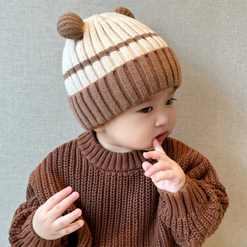 

Winter Warm Baby Kintted Woolen Cap Velvet Liner Children Beanie 6-36Month Kids Pullover Hat Cute Cartoon Toddler Crochet Bonnet