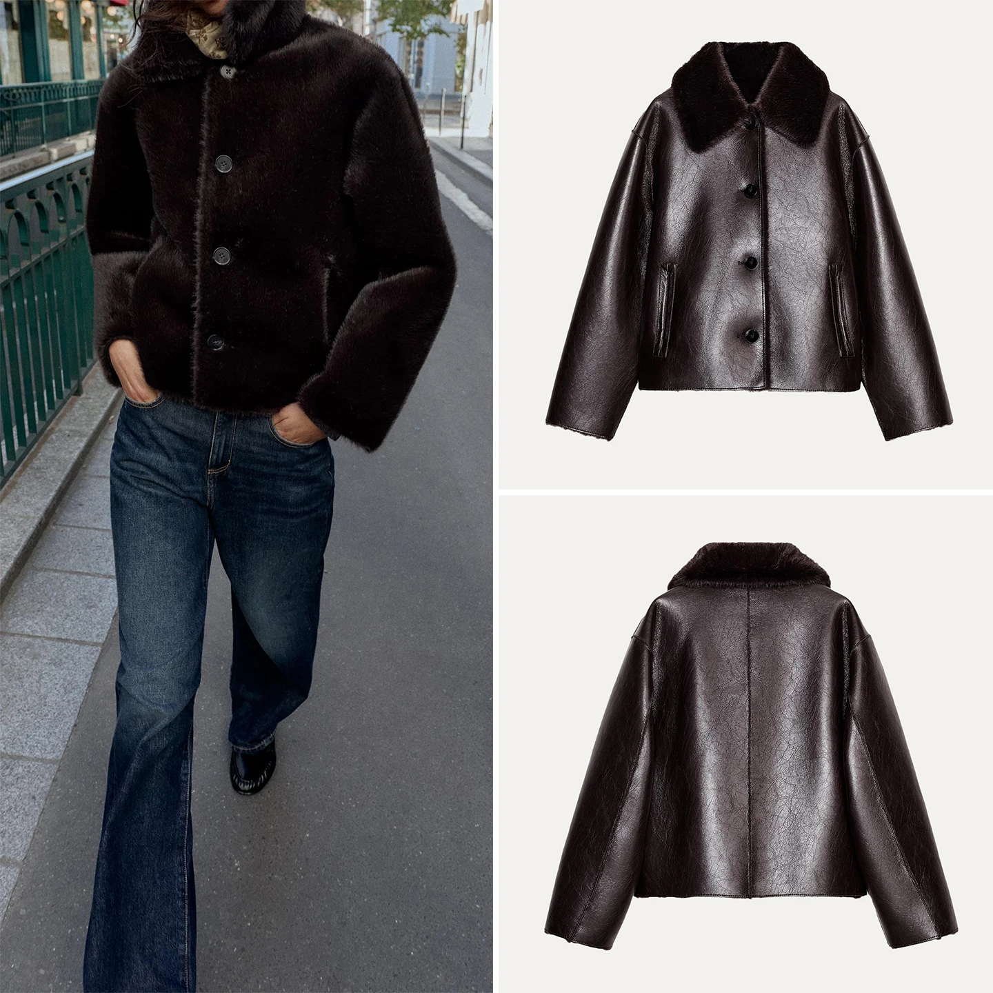 ZADATA Women's Double-Sided Faux Leather Jacket Casual Elegant Fashion Outerwear Standard Fit Short Coat Button Closure Long ...