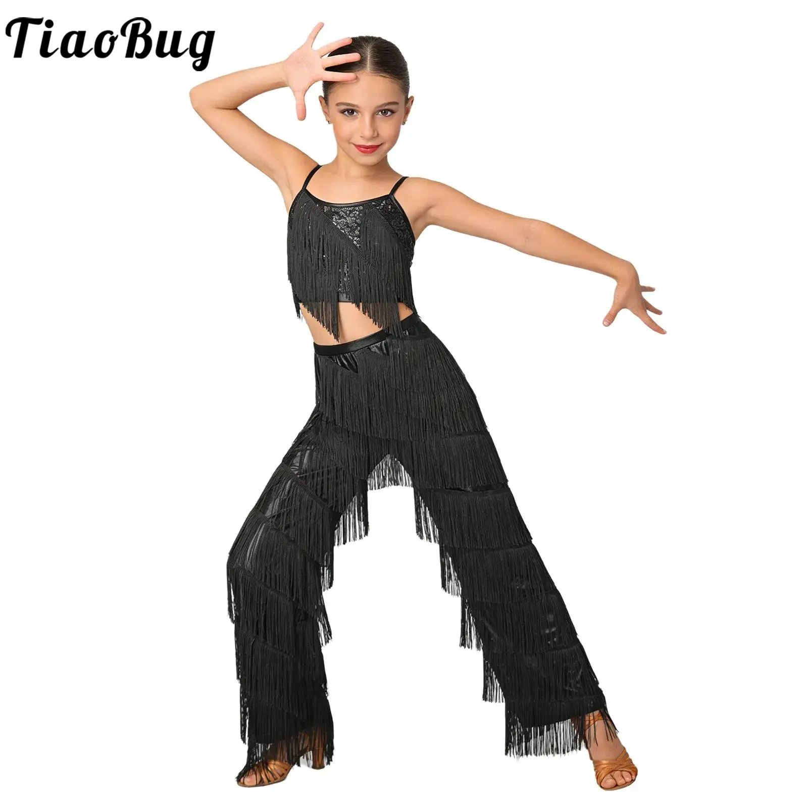 Kids Girls Tassel Latin Dance Outfit Sleeveless Shiny Sequin Camisole Top with Pants Ballroom Samba Salsa Tango Modern Dancewear