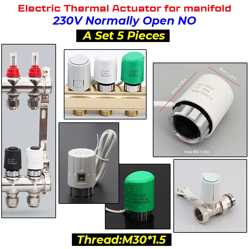 Atuador térmico elétrico para o aquecimento Underfloor, 230V, normalmente aberto, NÃO, M30 * 1.5mm, distribuidor, 5 PCes