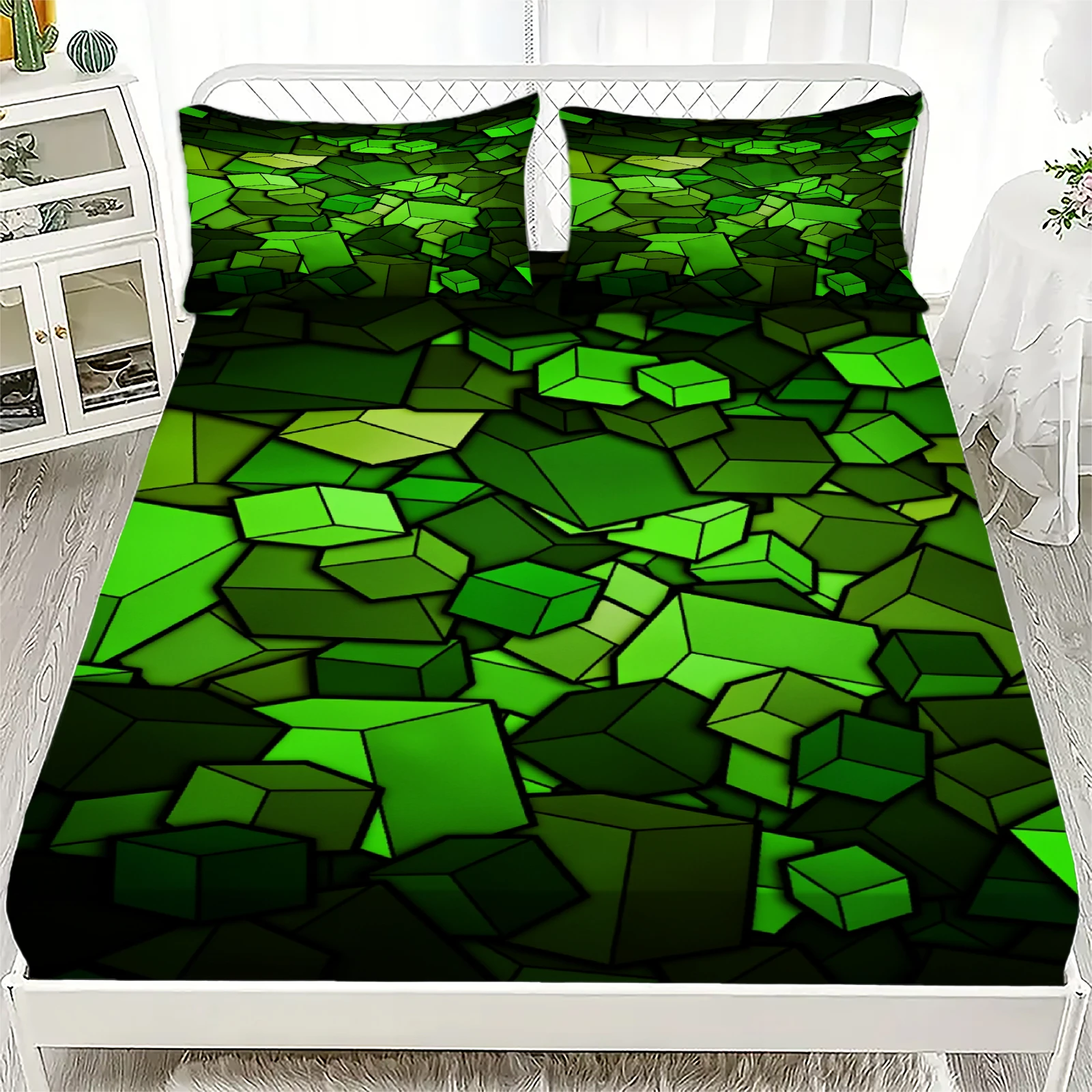 Green Mosaic Stained Glass Fitted Sheet Set Soft Breathable Microfiber Fabric 3D Irregular Geometric Bedding For Bedroom