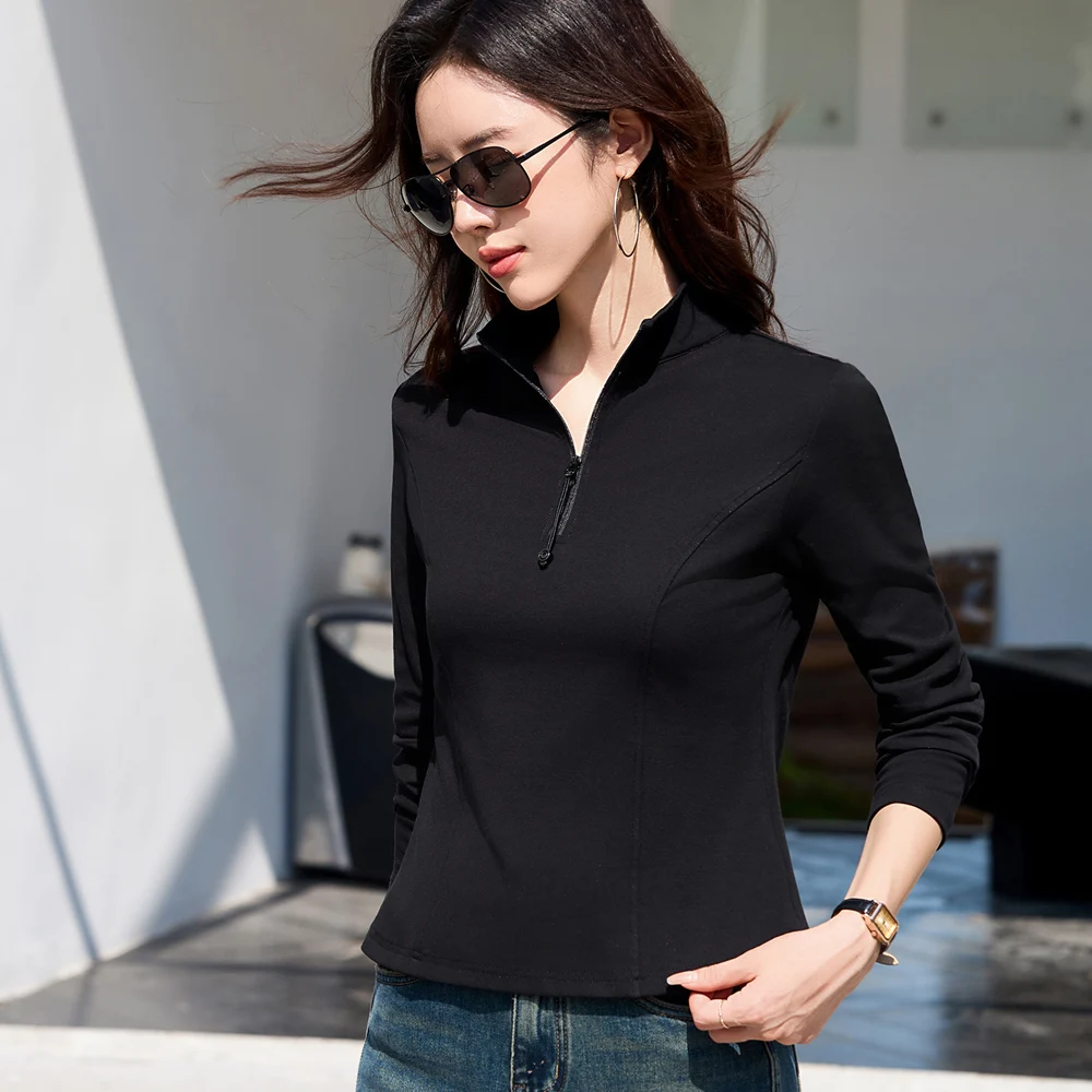 تي شيرت أزرق بأكمام طويلة على الطراز الكوري للنساء لخريف جديد من القطن الراقية بالإضافة إلى سحاب علوي غير رسمي برقبة عالية #4