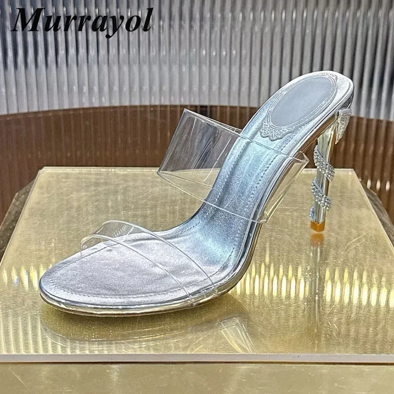 

Sexy Open Toe One Strap PVC Transparent Slippers Women's Rhinestone Decor Thin High Heel Sandals Summer Party Banquet Shoes