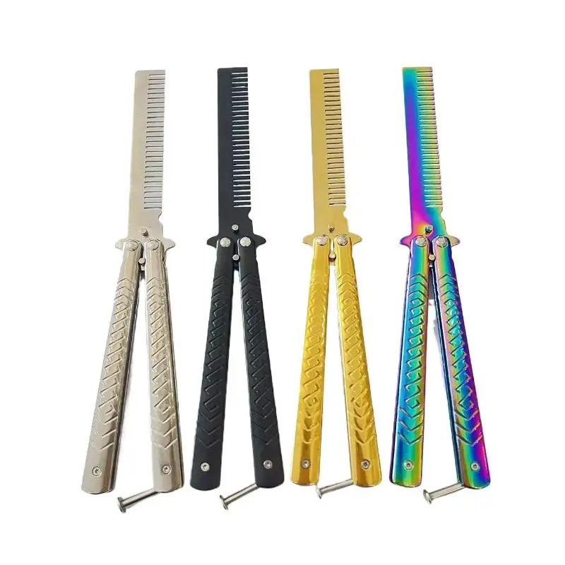 Foldable Butterfly Knife Style Comb Stainless Steel Training Practice Beard & Hair Styling Brush Salon Tool