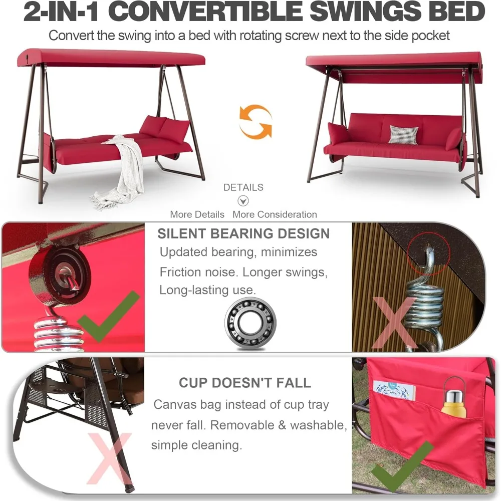 2-in-1 Outdoor Swing Bed with Adjustable Backrest Canopy 800 lbs Capacity Patio Swing Chair with Stand Cushions Pillows