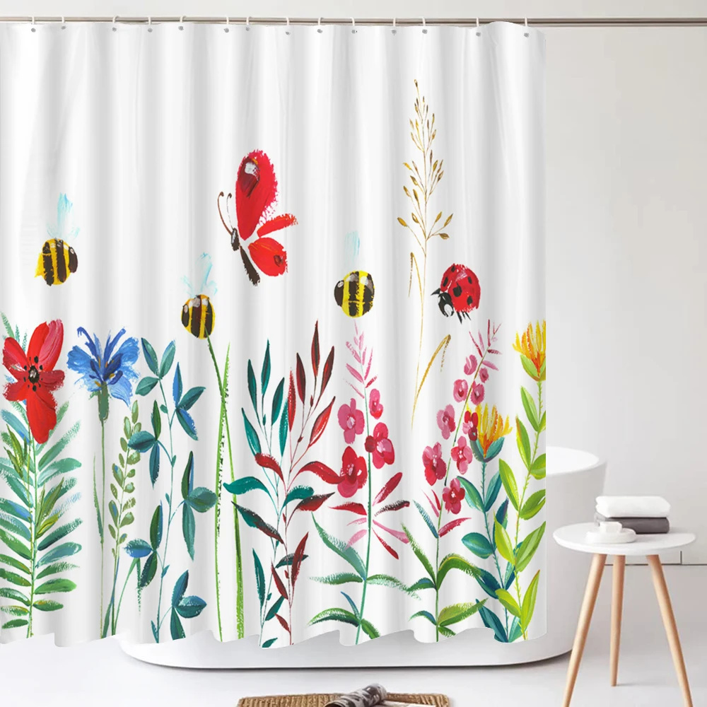 Green Leaves Plant Flower Butterfly Shower Curtain Watercolor Floral Waterproof Fabric Bath Curtains Bathroom Accessorie Decor