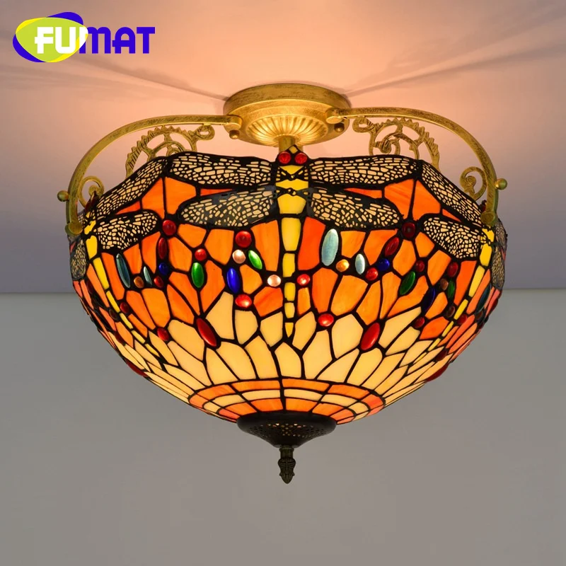 FUMAT Tiffany Red Dragonfly 16inch stained glass overhead light deco the dining room bedroom hallway ceiling light