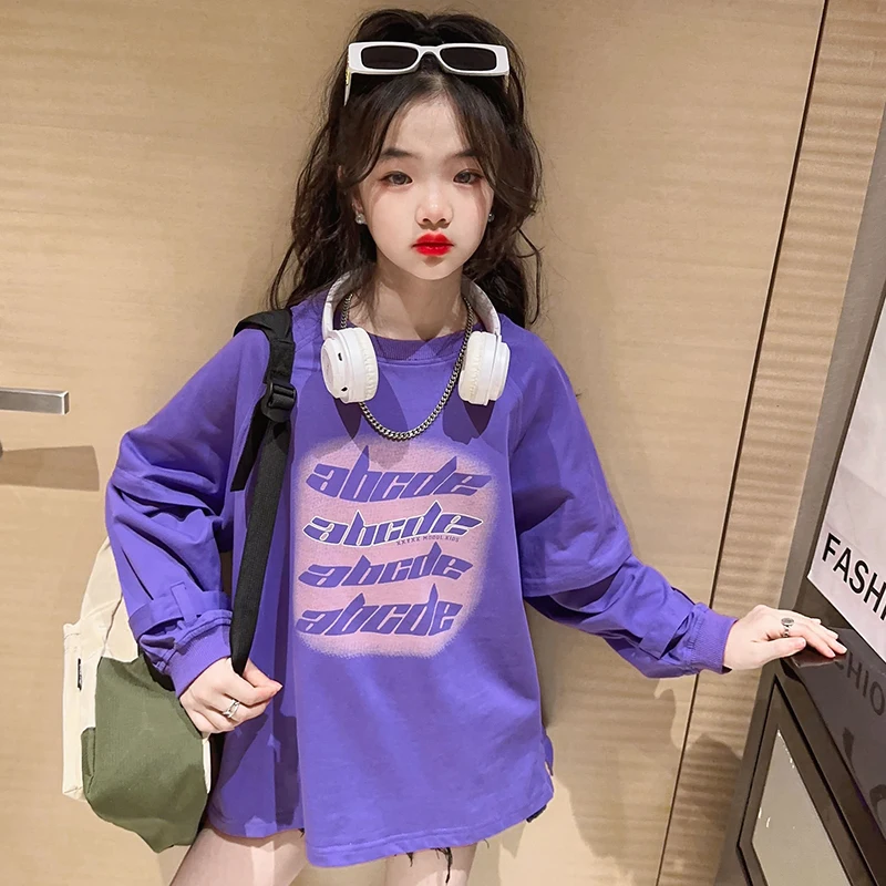 Cool teen Girls Tops Sweatshirt Letter Pattern Long Sleeve O-Neck Pullover Kids Casual Loose Hoodie Cotton Childrens Clothes