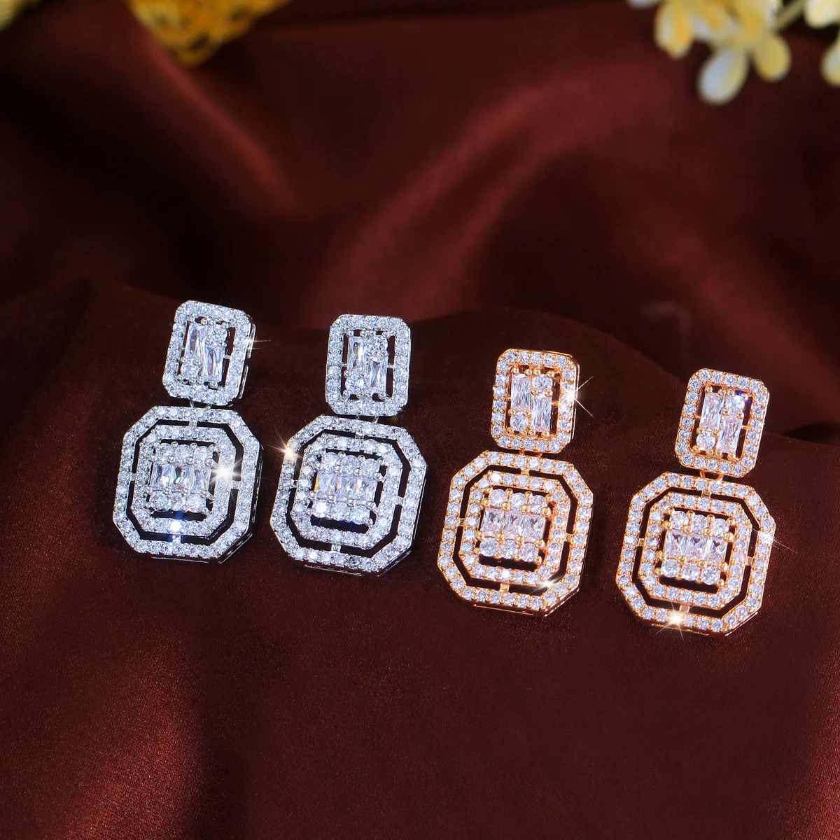 CWWZircons Delicate White Gold Color Cubic Zircon Square Drop Dangle Earrings for Women Fashion Wedding Party Wear Jewelry E0597