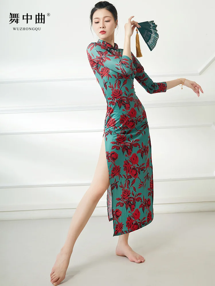 Style Classical Chinese Dance Stretch Slimming Printed Cheongsam Dance Costume Chinese Classic Dance Exercise Clothing