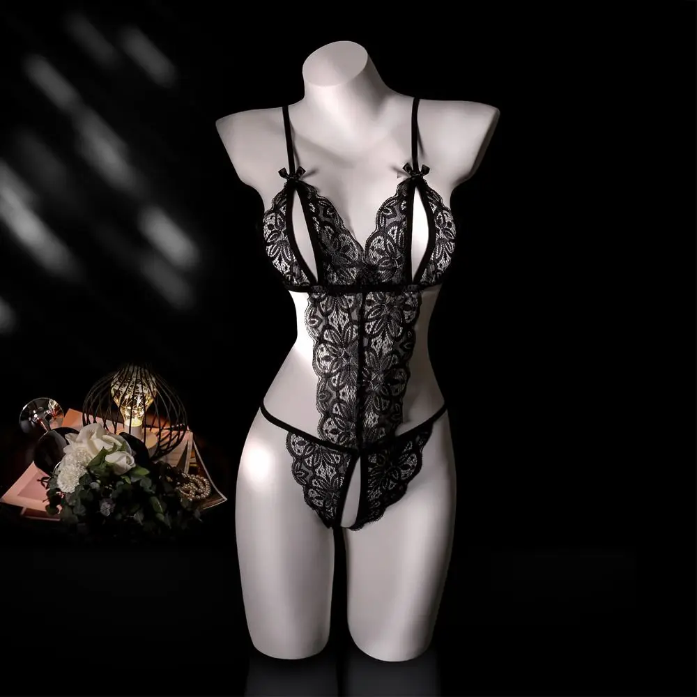 

Sweet Deep V Neck Lace Bow Bodysuit Transparent Sleeveless Women Lingerie Jumpsuits Mesh Hollow Lace Sling Nightwear Gifts