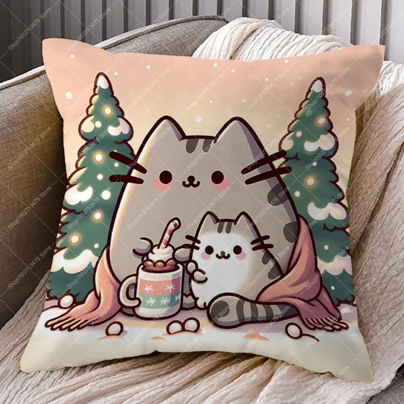 Pusheens Anime Printed Pillow Case Christmas Home Decor Cartoon Cute Cushion Cover Pillowslip 45x45cm Xmas Party Decoration Gift