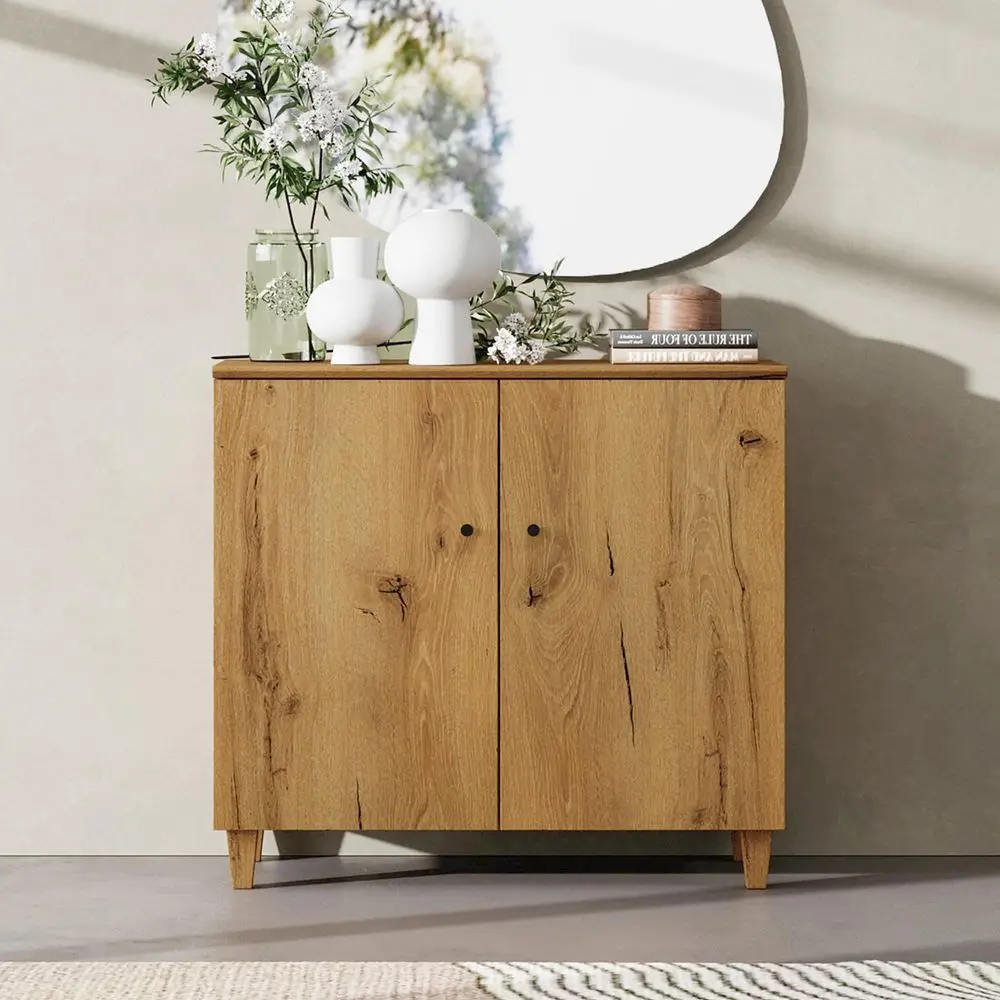 Small Dresser for Bedroom, Oak Brown Wood Modern Dresser Chest for Closet Storage Organizer with 3 Compartments, Doors and Solid