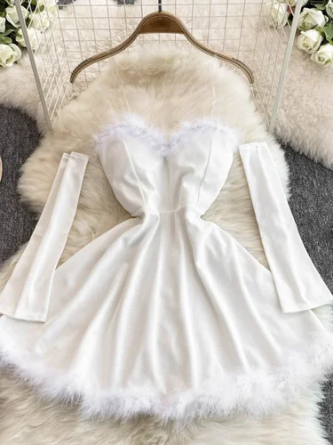 Imagen 2 del producto Foamlina Vestido de Navidad para mujer, sexy, de cintura escotada, fino, grande, péndulo, esponjoso, empalme, tubo con tirantes, vestido Ling rojo