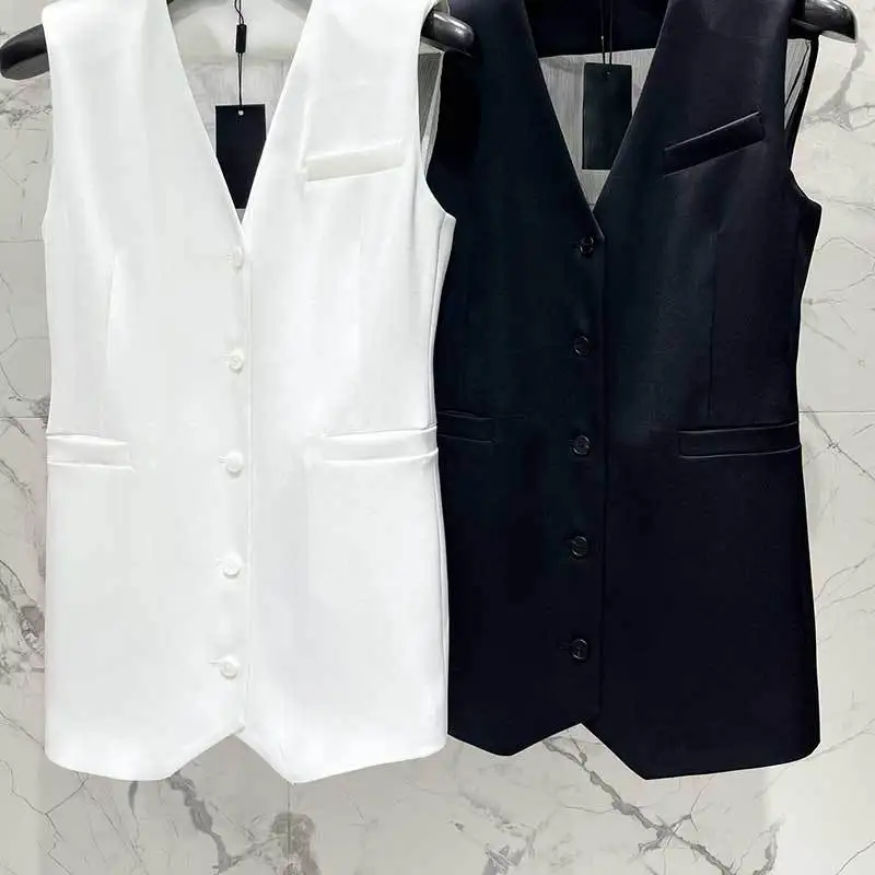 

Simple V-Neck Blazer Sleeveless Vest 2Colors Fashion Single Breasted Waist Up Design Loose Vest Jacket Summer High End Clothes