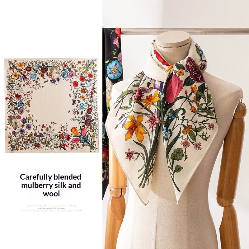 New flower hand-rolled double-sided printed silk wool silk scarf elegant temperament women's large scarf high-end