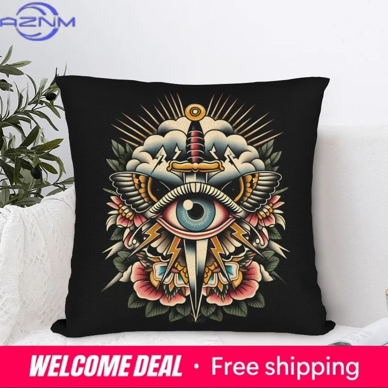 1pc American Traditional All Seeing Eye Pillow Cover, Polyester 2D Double Sided Print Cushion Case, Old School Tattoo Art Throw