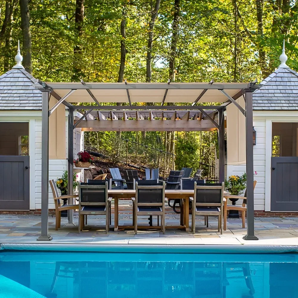 Pergola d'extérieur avec pare-soleil, canevas sur le dessus et les côtés, cadre en aluminium, gazébo moderne avec météo