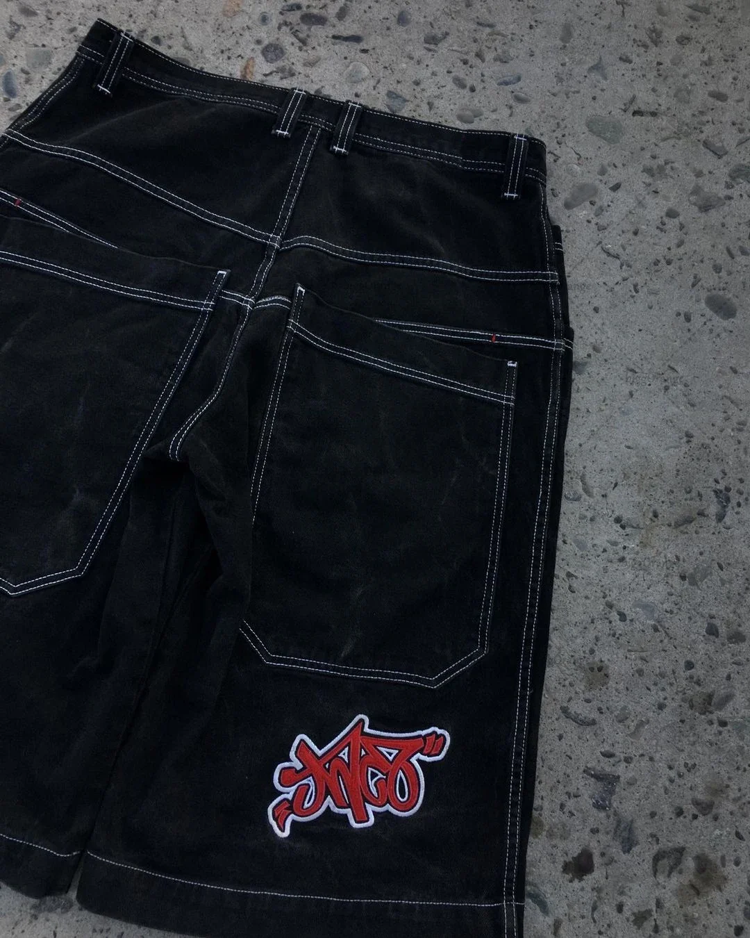 

American Vintage Black Denim Shorts Men's 90s Trend Culture Logo Print Straight Loose Five Pants Street Hip Hop Rap Clothing