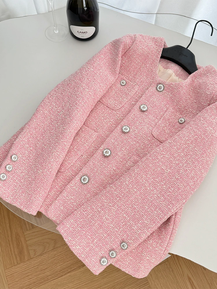 Women\'s Pink Two Piece Suit Vintage Long Sleeve Luxury Coat and Short Pants Harajuku Y2k Skirt Sets 2000s Fashion Clothes 2024