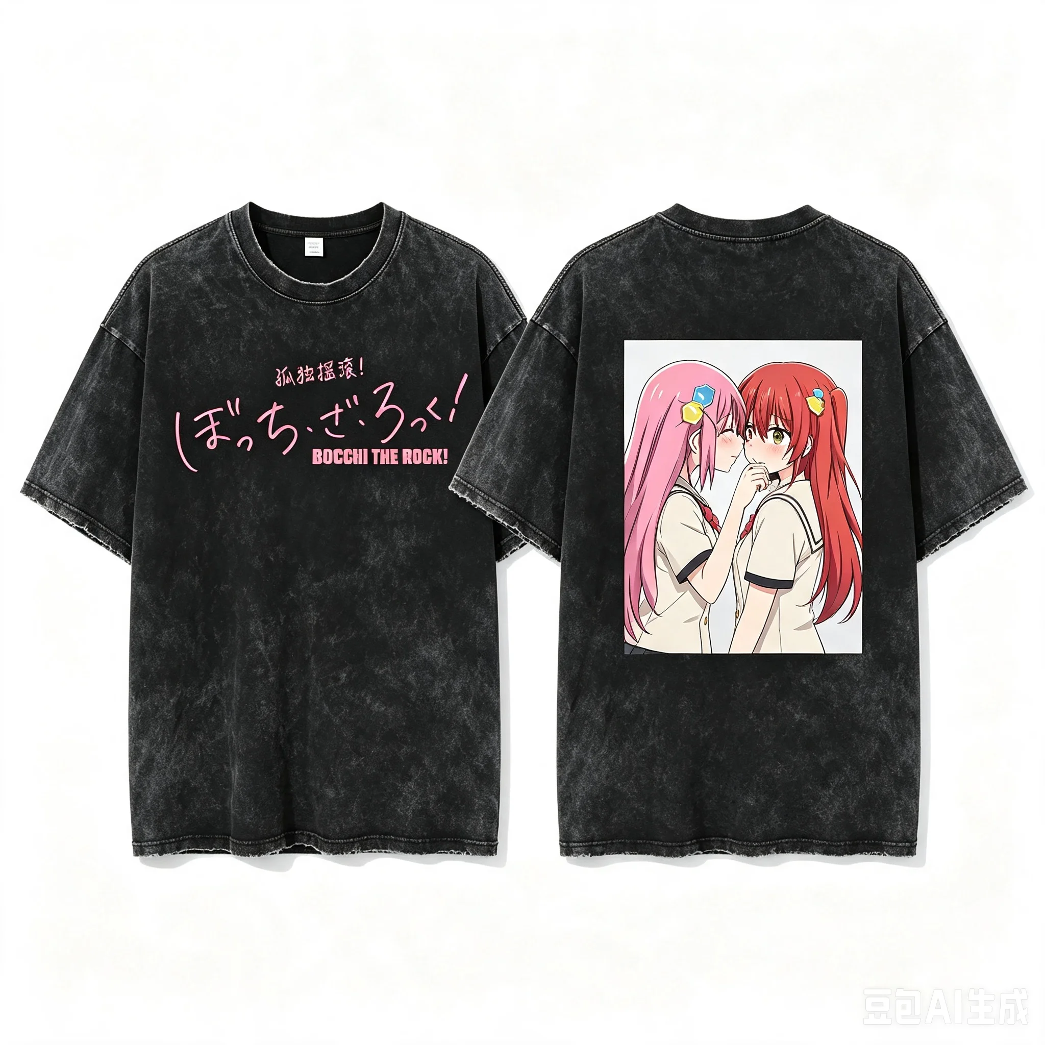 Hitori Gotoh Bocchi The Rock! Peace Gesture School Uniform Double Sided Graphic Washed Crew Neck Women And Men T-shirt