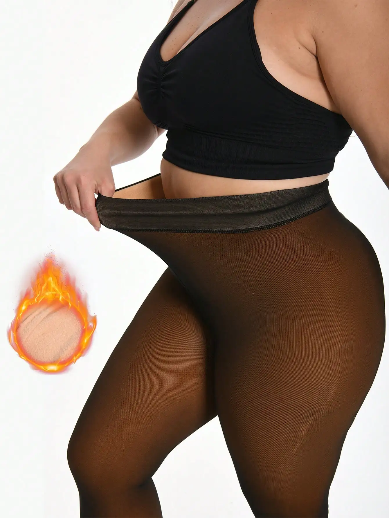 Plus Size Warm Lined Sheer Tights for Women, Semi-Transparent with Soft Fleece Interior, Winter Wear