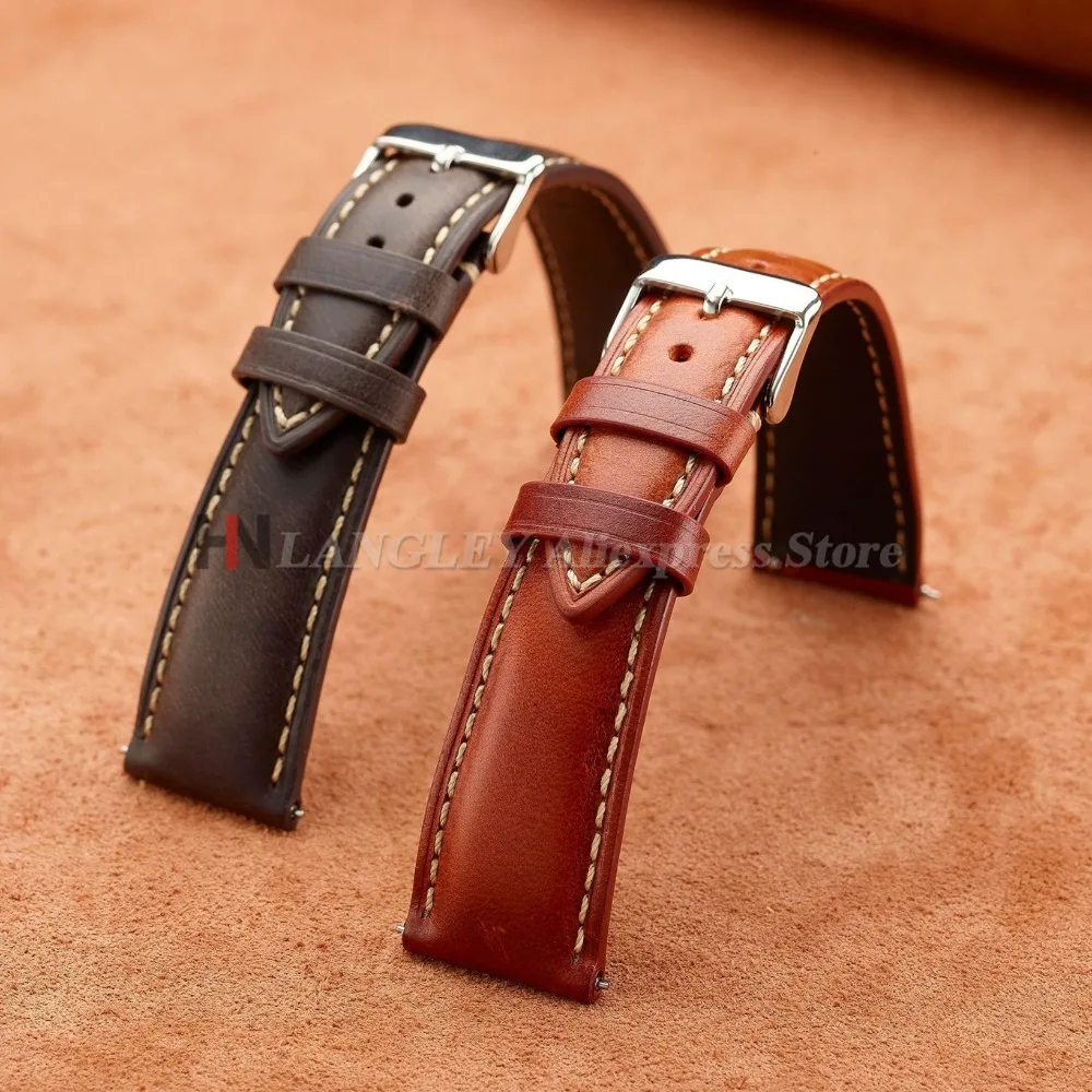 Wax Genuine Leather Men Women Watch Band Top Grain Natural Leather 18/19/20/21/22mm Watch Strap Band Stainless Steel Pins Buckle