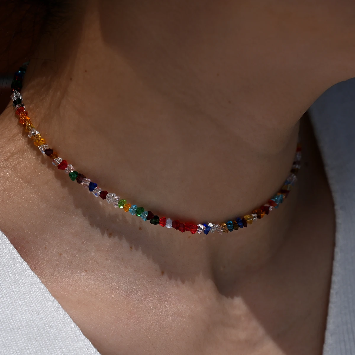 4mm Shiny Triangle Crystal Choker Glass Beads Fashion Design Champagne Purple Transparent Multi Color Necklace for Women Jewelry