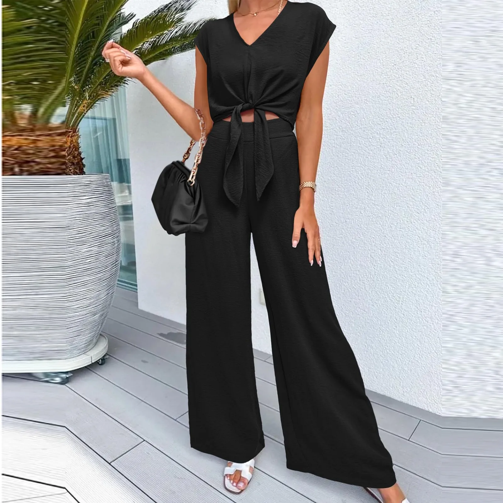 

Suit For Women Sleeveless O-neck Tank Top Wide Leg Pants Two Piece Sets Casual Office Ladies Loose Summer Outfits Pants Set