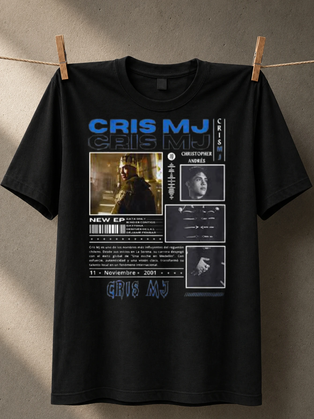Cris MJ New EP blue  magazine layout with photo frames barcode details and urban Latin music style  Unisex All T-Shirt