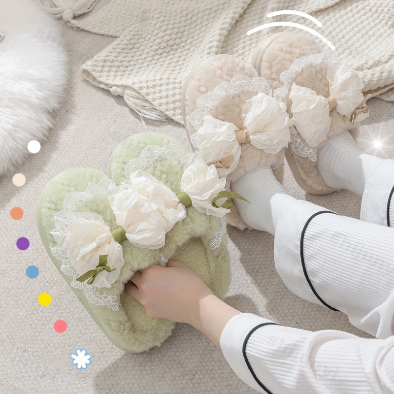 

Женские хлопковые тапочки на платформе, зимние модные нескользящие домашние тапочки с бантом, утепленная, легкая, удобная плюшевая обувь