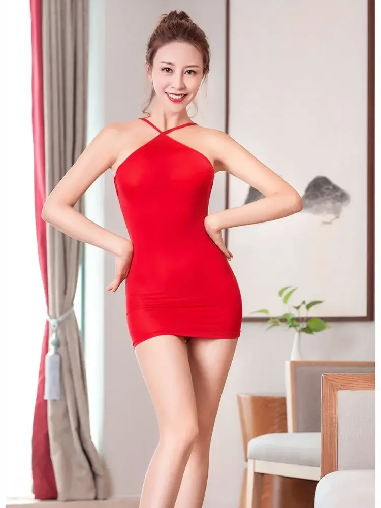 

2PCS/SET Halter Backless Vestido Transparent Hot Dress Tights Package Hip Minifalda Bodycon Miniskirt Sexy Clubwear Outfit Thong