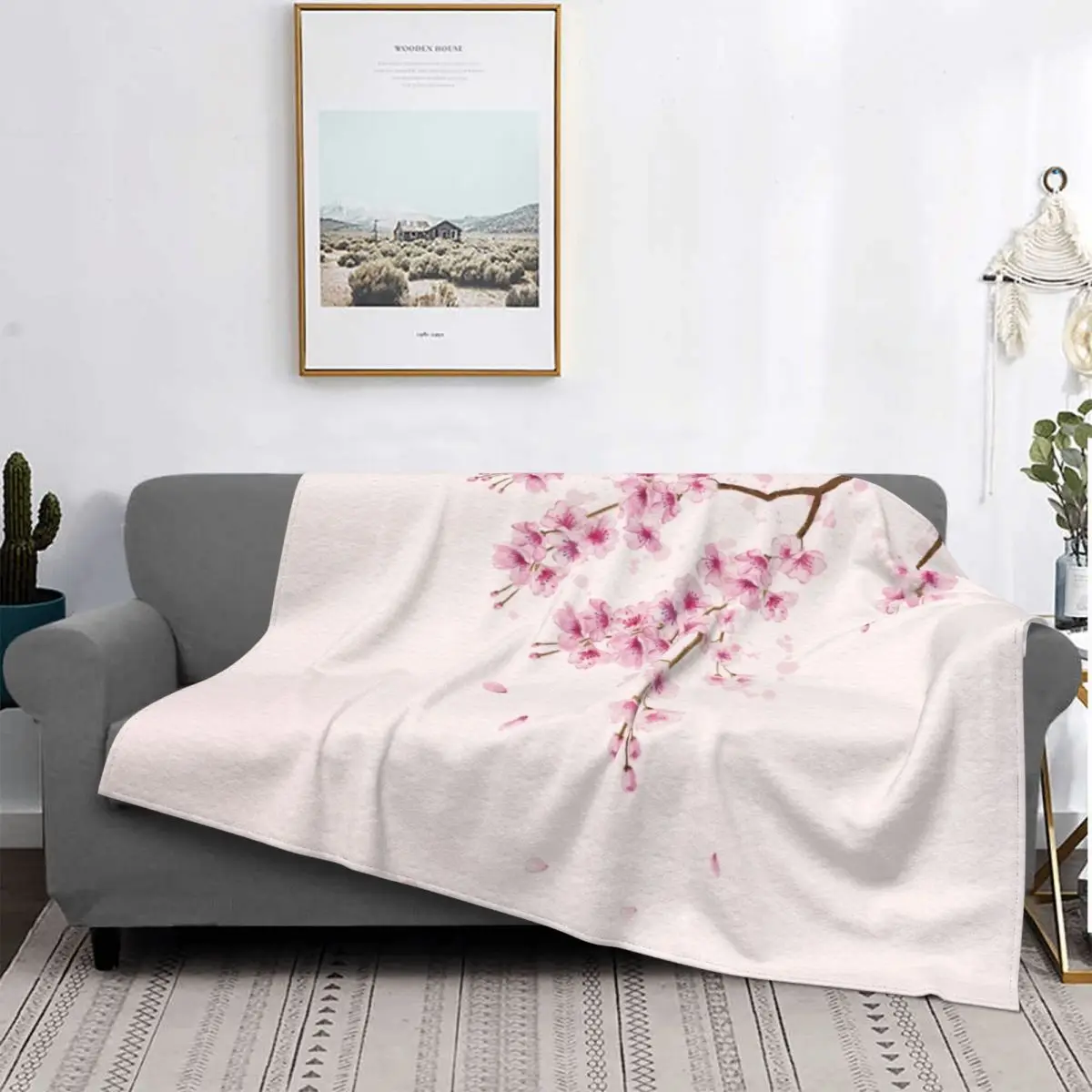 

Cherry Blossom Sakura Floral Pattern Blankets Breathable Soft Flannel Sprint Japanese Flowers Throw Blanket for Sofa Travel Bed