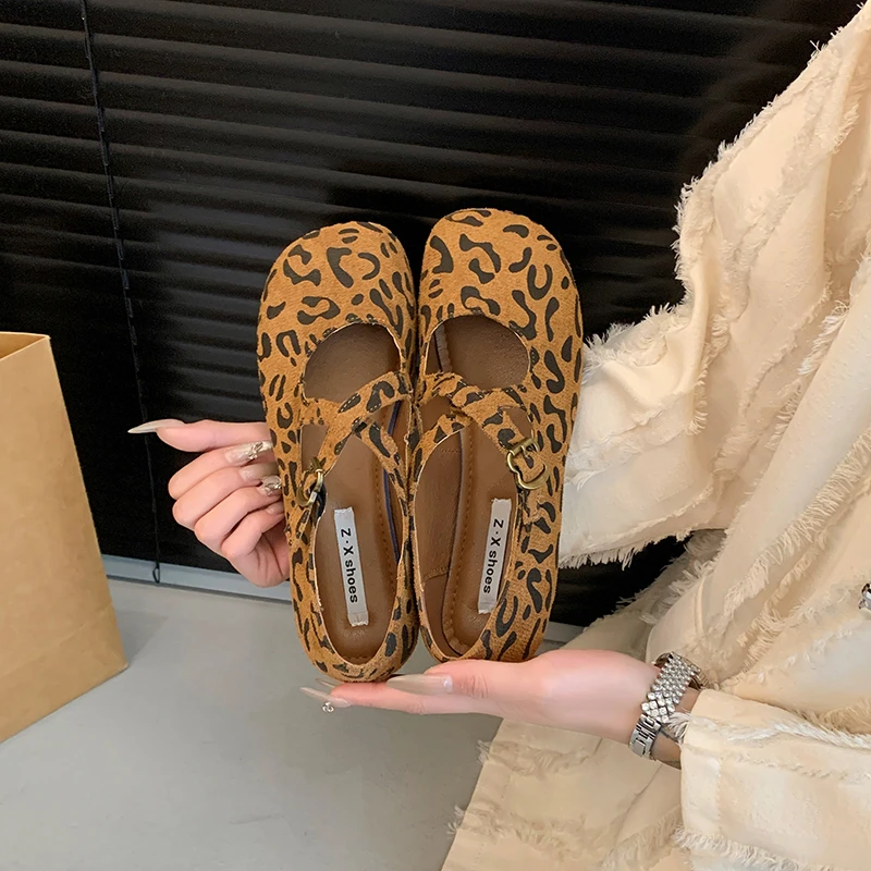 Faux Suede Leopard Print Ballet Flats Women's Mary Jane Shoes 2024 New Fashion Buckle Crossover Casual Comfortable Flats