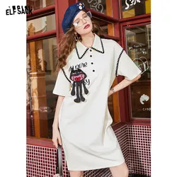 ELFSACK Graffiti line contrasting polo style T-shirt dress casual sports loose skirt medium length