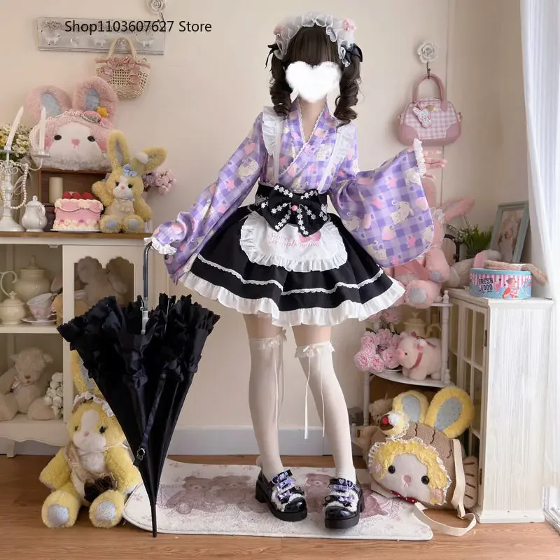 Japanische süße Lolita Kimono Kleid Frauen Kawaii Erdbeer Katze drucken Bogen Schürze Dienst mädchen Cosplay Kostüme Mädchen Animation Show Kleid