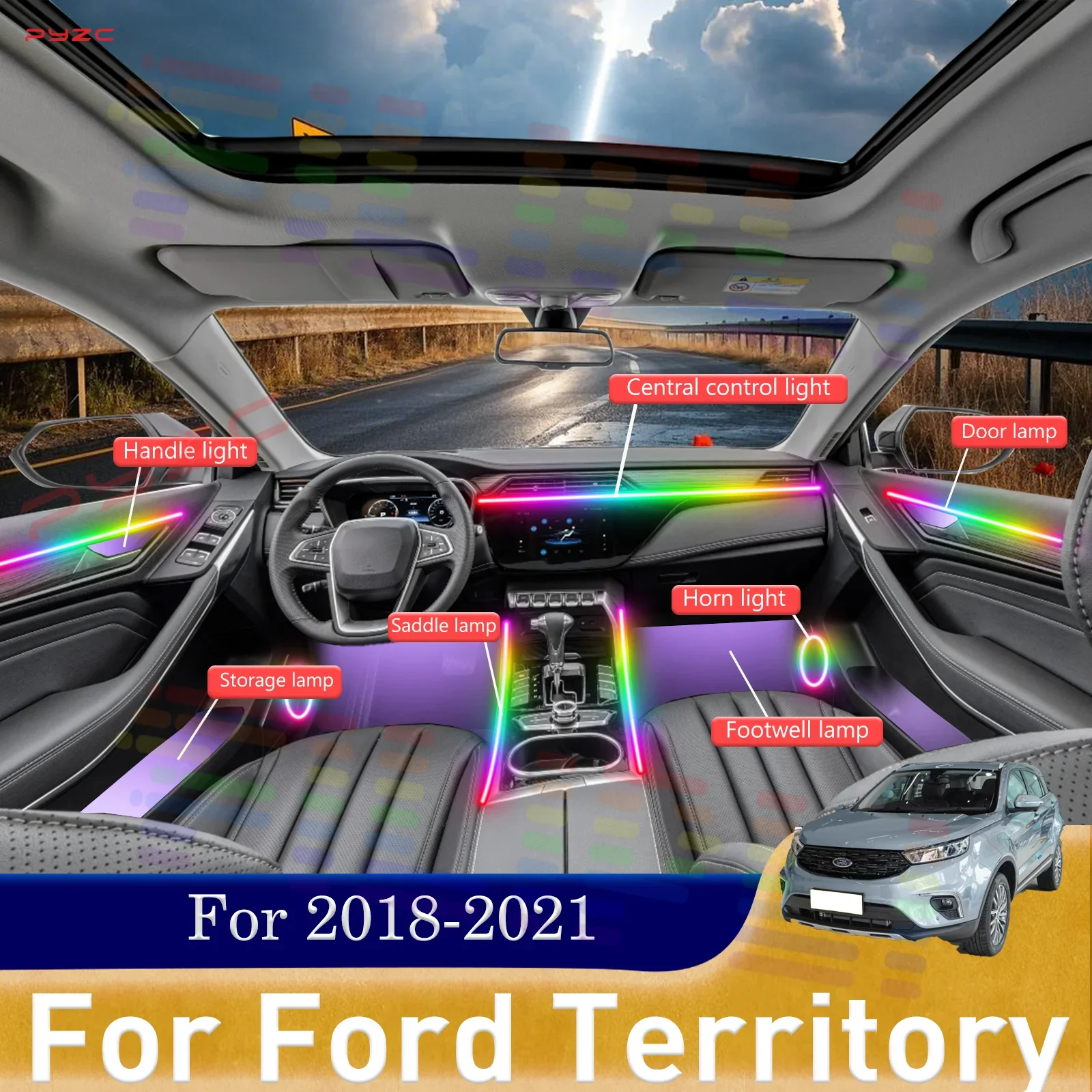 

Для Ford Territory комплект внутренних окружающих ламп автомобиля RGB 64-цветные светодиодные легко подключиваемые лампы для установки на 2018-2021 гг.