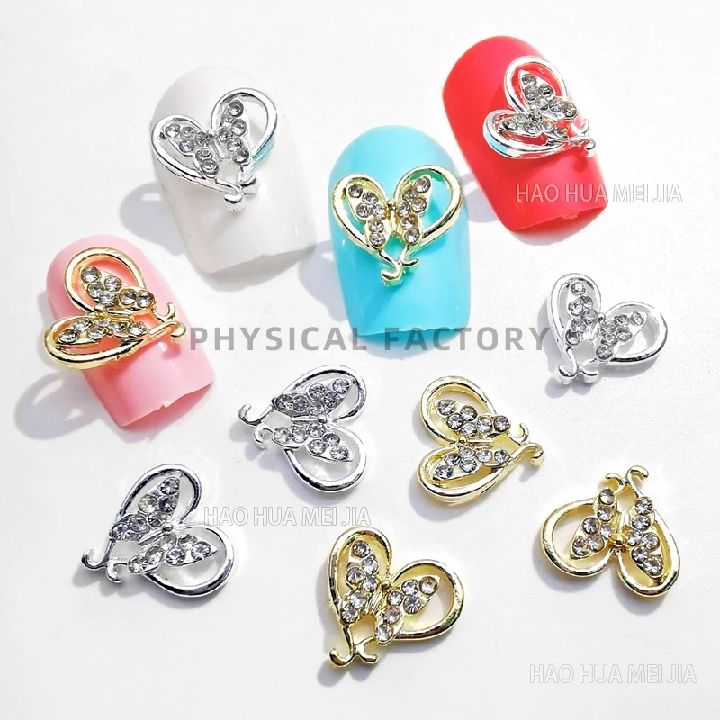10 Uds. De dijes para uñas de mariposa y corazón hueco 3D, elegantes detalles alados de aleación y diamantes de imitación para manicura romántica