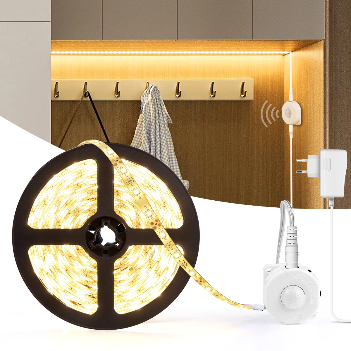 Auto On Off PIR Motion Sensor LED Strip Lights Night Lamp Automotive LED Tape Bedroom Kitchen Decoration 110V 220V To 12V