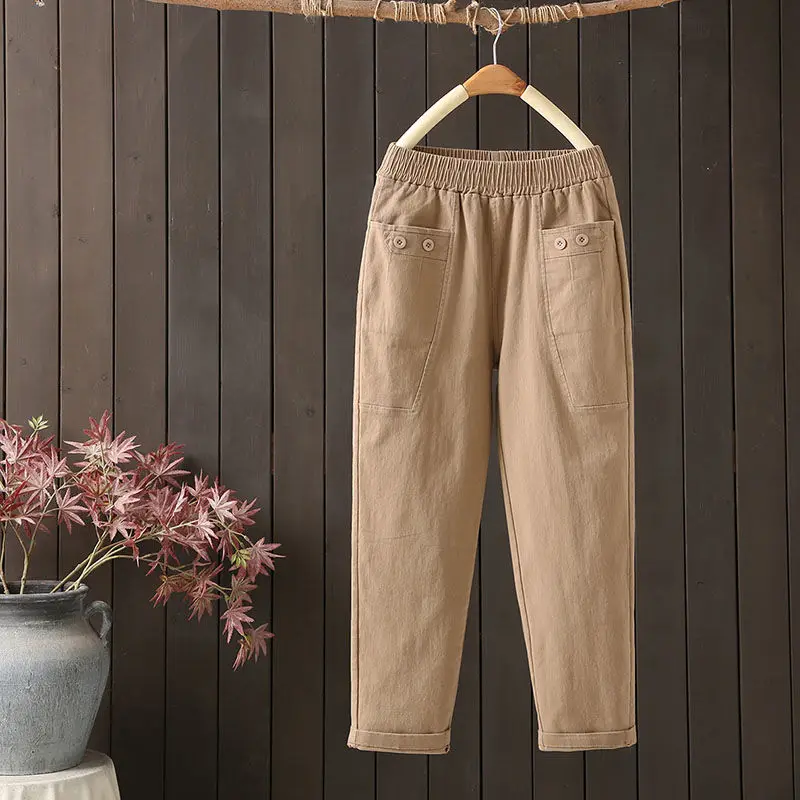 2024 Temperament Summer Casual Women's Fashion Versatile Solid Color Pockets Elastic High Waist Loose Straight Harun Crop Pants