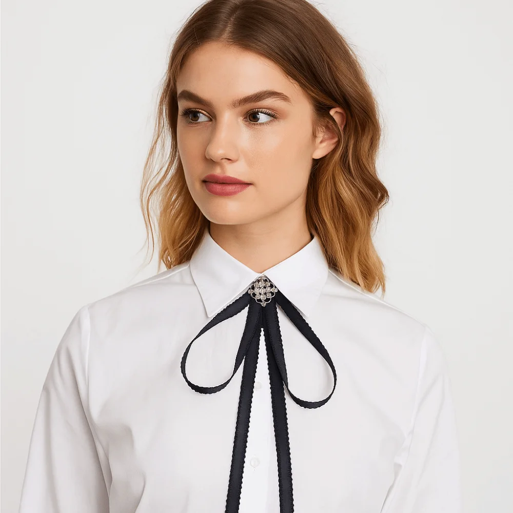 

Elegant Solid Color Black Ribbon Pin Rhinestones Pearl Black Bow Necktie Multi-layer JK Ribbon Badge Brooch Shirts