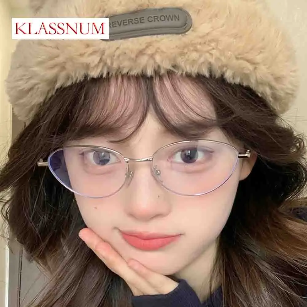 KLASSNUM 2026 Koreanische Metall-Anti-Blaulicht-Brille für Damen, ultraleichte Vintage-Cats-Eye-Brillenfassung in Pink, süße Lesebrille für Mädchen
