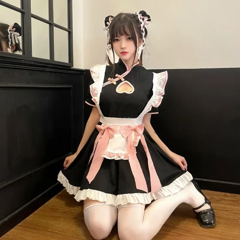 Chinese Cheongsam Maid Cosplay Japanese Anime Lolita Cat Girl Waitress Sweet Pink Bow Hollow Halloween Gothic QiPao Dress 2024