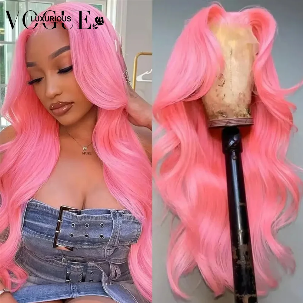 Peluca de cabello humano ondulado para mujer, postizo de encaje Frontal transparente, pelo Remy brasileño, color rosa claro, 13x4, a la venta