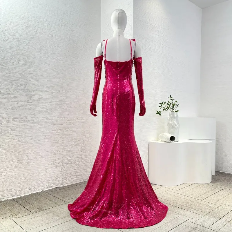 Wpmen's Rose Red Long Sleeve Spquins Diamonds Pearls New Fashion Ladies Arrivals Beading Bow Maxi Dresses for Party