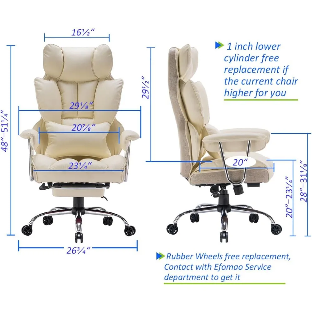 Desk Office Chair ,  PU Leather Computer Chair, Executive Office Chair with Leg Rest and Lumbar Support, Beige Office Chair