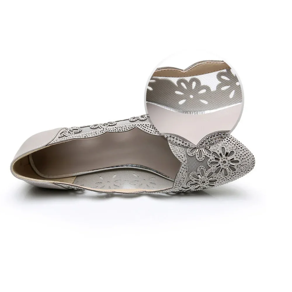 Summer Fashion Hollow Out Genuine Leather Pumps Women Shoes Med Heels Square Diamond Mesh Ladies Office Crystal Pointshoes